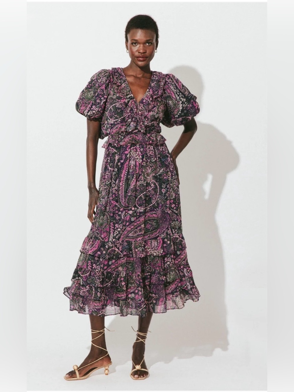 Cleobella Callista Midi Dress Caymen Paisley Purple Chiffon Ruffle Tiered S